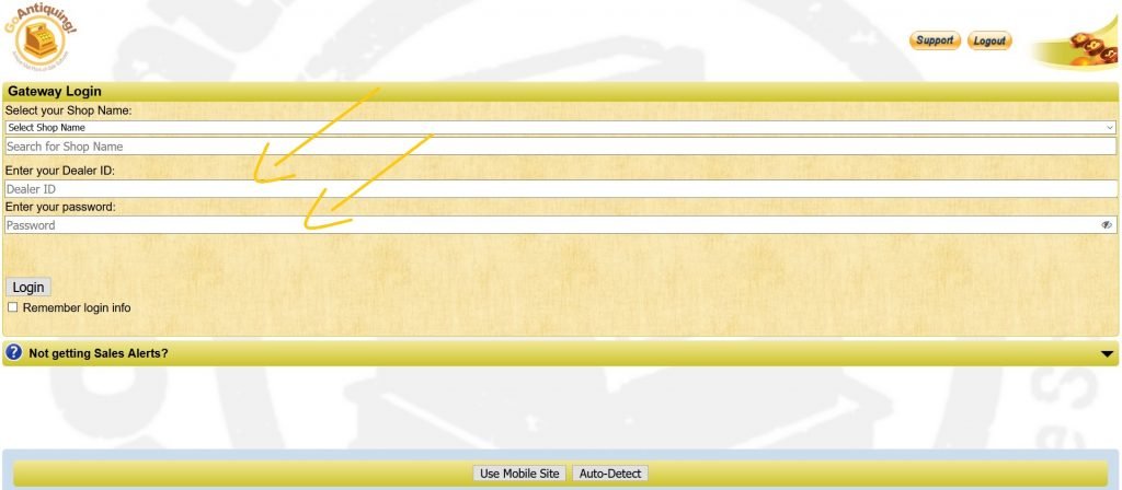 GoAntiquing dealer ID and Password fields