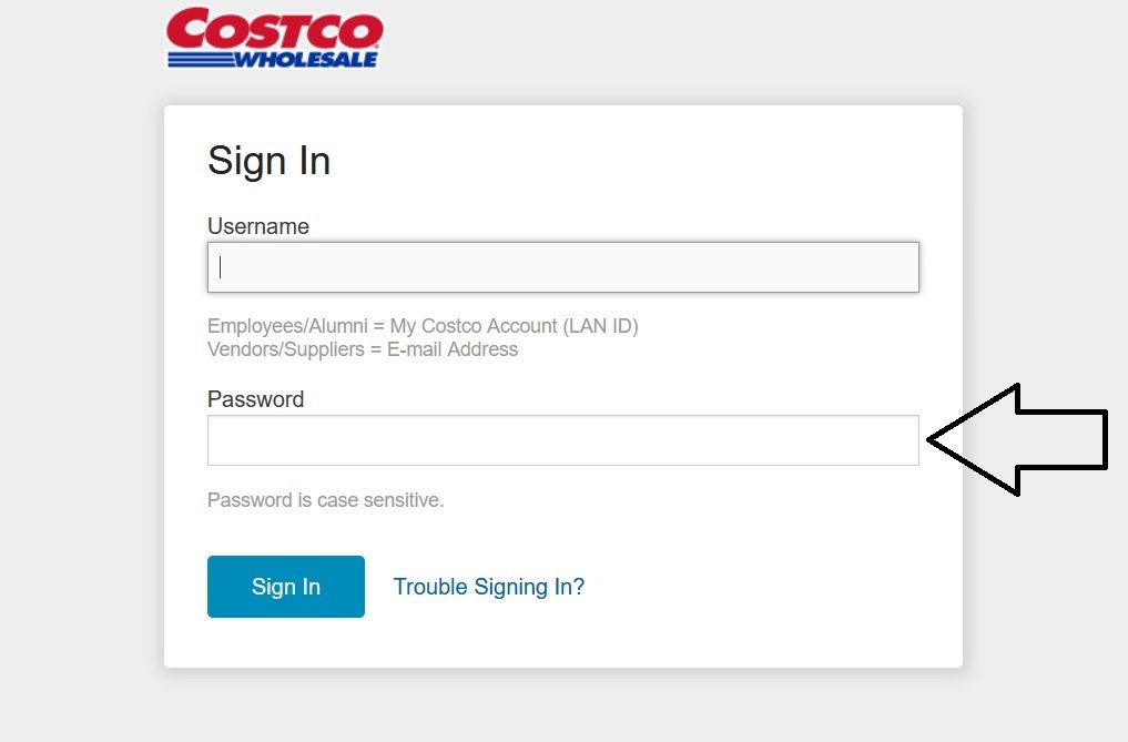 Password box on Costco employee sign in form