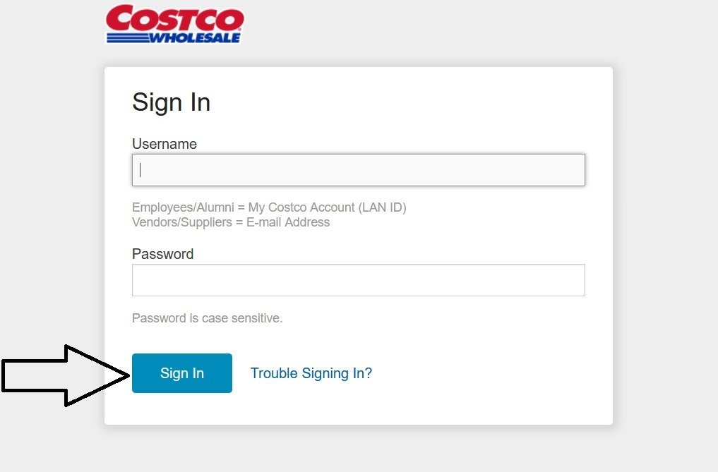 Sign in button on Costco ESS login form